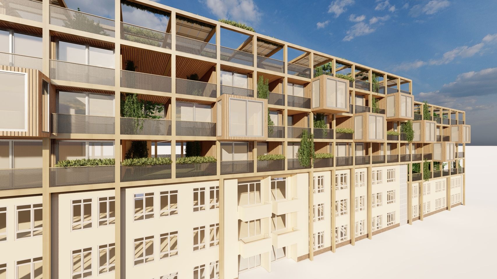 Moderne mehrstöckige Holzbauarchitektur mit großen Fenstern und begrünten Balkonen unter blauem Himmel