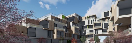 Mehrstöckige moderne Wohngebäude mit großen Fenstern und Balkonen, umgeben von blühenden Bäumen