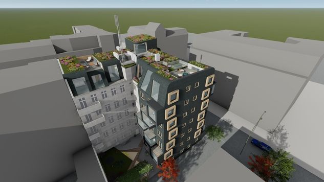 Dachterrasse mit Sitzmöbeln und bepflanzten Bereichen auf einem modernen Gebäude