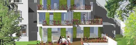 Mehrstöckiges modernes Gebäude mit großen Glasfronten und bepflanzten Balkonen vor grünem Hintergrund